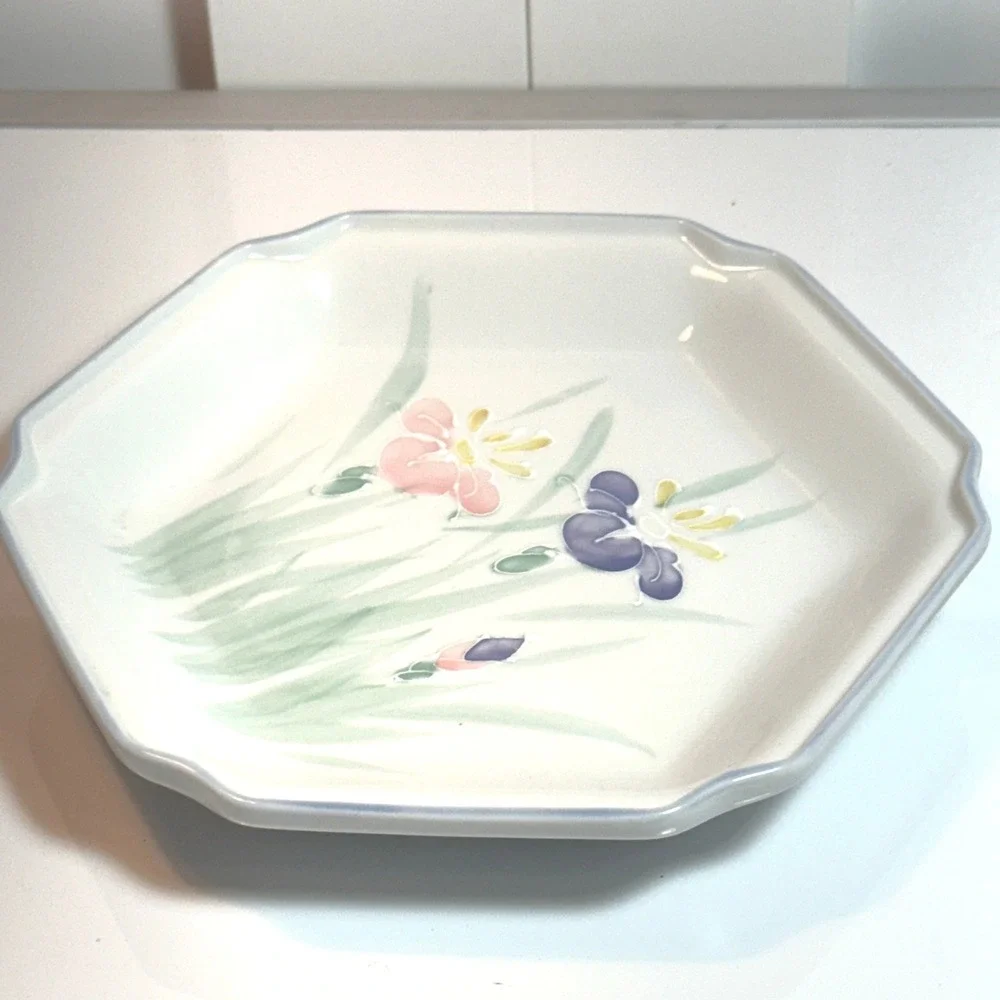 Octagon Shaped Ceramic Plate Iris Flower Design Pastel Colors‎ Blue Rim